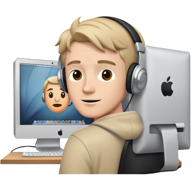 white man with headphones in front of computer mac which has a picture of cambridge emoji