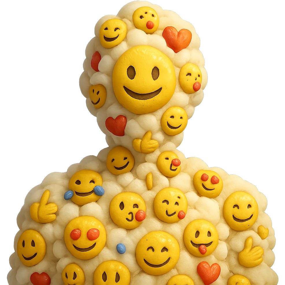 person composed entirely of volumetric emoji clouds, shoulder view, looking straight ahead emoji
