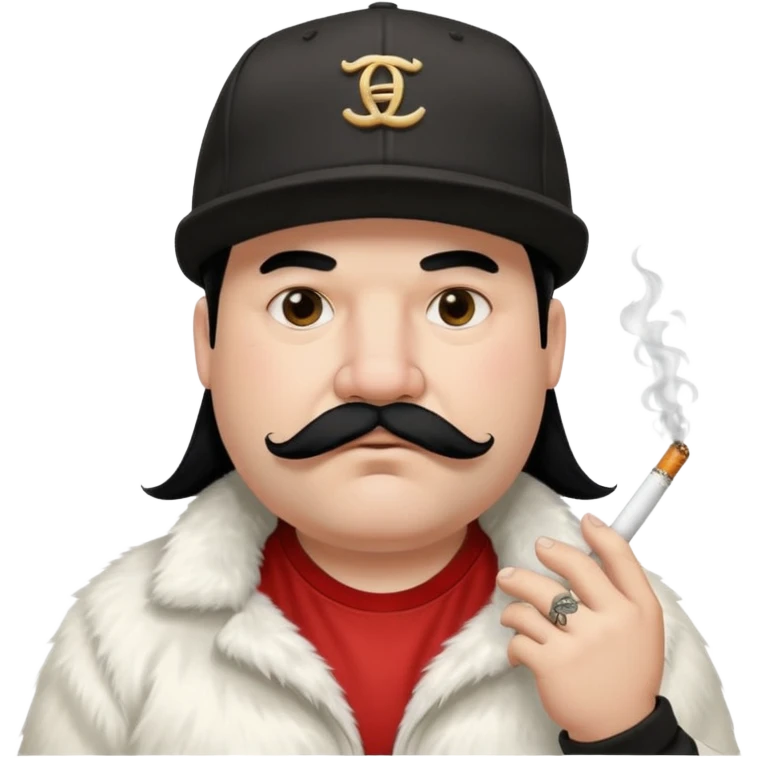 a fat father with white fur, black hair, a hip hop cap, a tattoo with a cigarette in his mouth, and a mustache. emoji