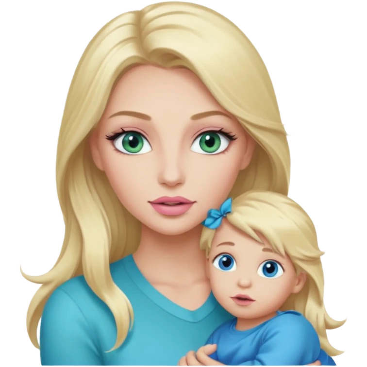 Blonde baddie with long hair Pretty makeup long lashes blue-green eyes ,   light pink lips ,holding 1 little son with blue eyes emoji