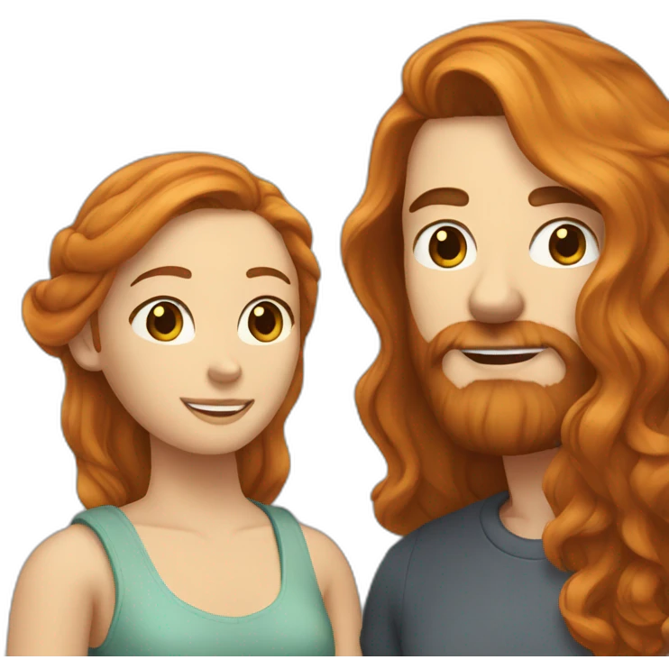 Bearded brown-haired man and girlfriend with long ginger hair emoji