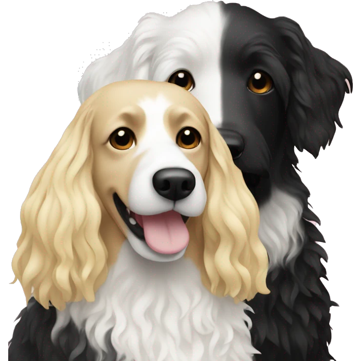 white woman with long blonde hair alongside a black and white colored bernadoodle dog  emoji