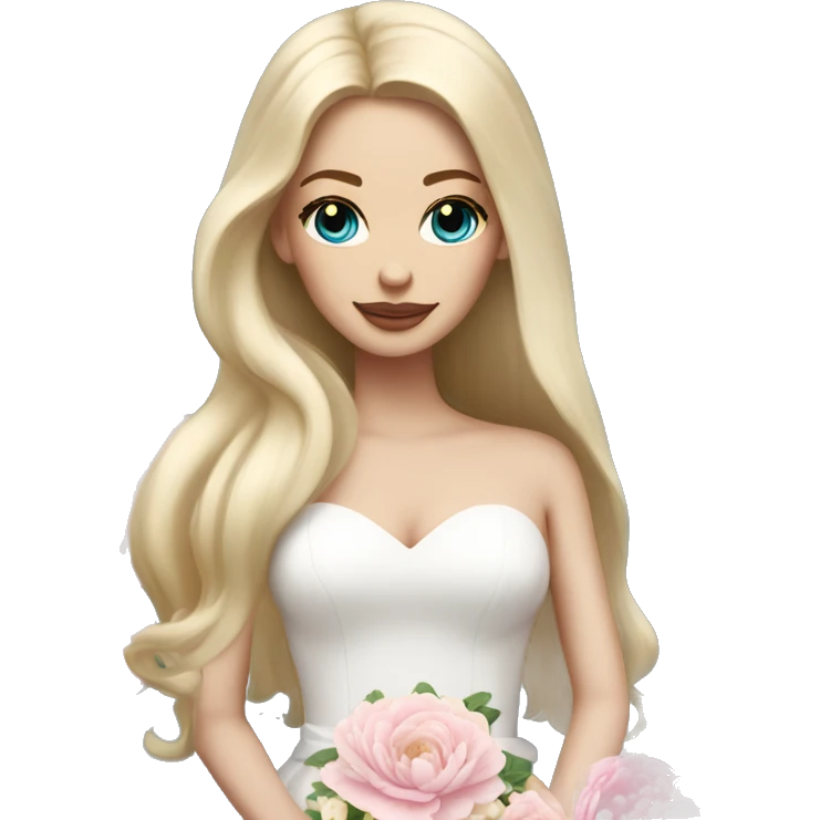 White bride with long light blonde hair and blue eyes with light pink peonies in hair white skin  emoji