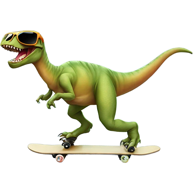 A dinosaur doing a kickflip with sunglasses on emoji