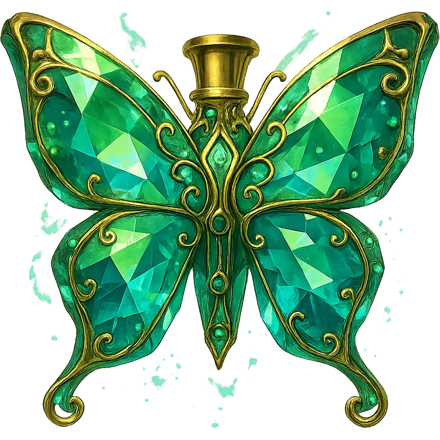 crystal elegant butterfly-shaped bottle, short gold neck (no crown), green and blue colors, lots of glowing, facets, more ornaments, decorations, golden details, magical effects, premium class, transparent background, bottle clearly flying in the air, no base or shadow. emoji
