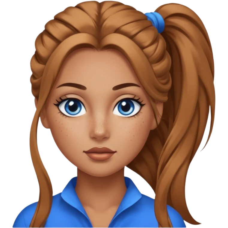 Attractive Woman with tan skin, baddie style, blue eyes, wide face, freckles, and a long voluminous ponytail and dark eye makeup emoji