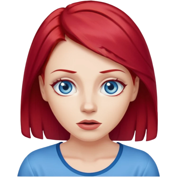 create a woman shrugging emoji, she is white, has blue eyes and cherry red hair emoji