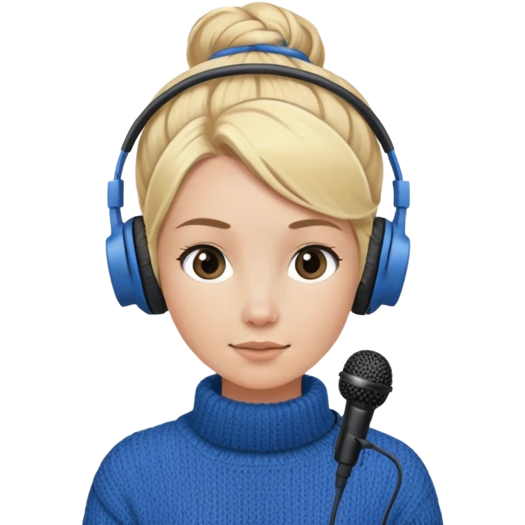 a girl with blue knitwear with a blonde hair
bun and her job is a podcaster (microphone
in front of her face and a headphone in her head) emoji
