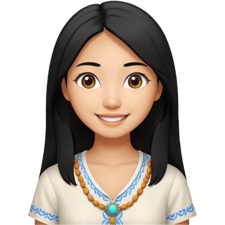 30 yr old asian woman center parted hair big eyes big smile tanned skin straight black hair hippie part hair white blouse emoji
