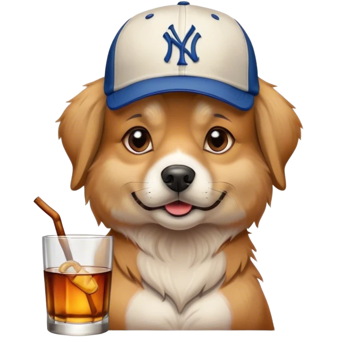 A dog properly sitting with a baseball hat drinking whiskey  emoji