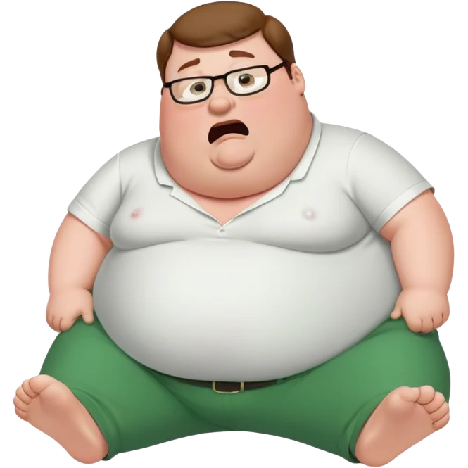 Peter Griffin from Family Guy with a very large pregnant belly, laying down on his back, sweating profusely, wearing green pants and white shirt emoji