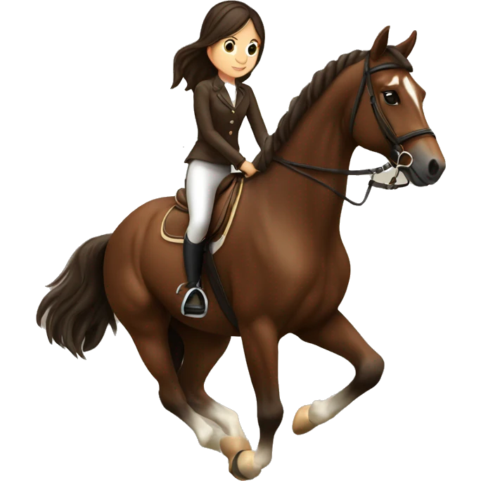 Calm brunette girl doing show jumping on a brown horse in profile emoji