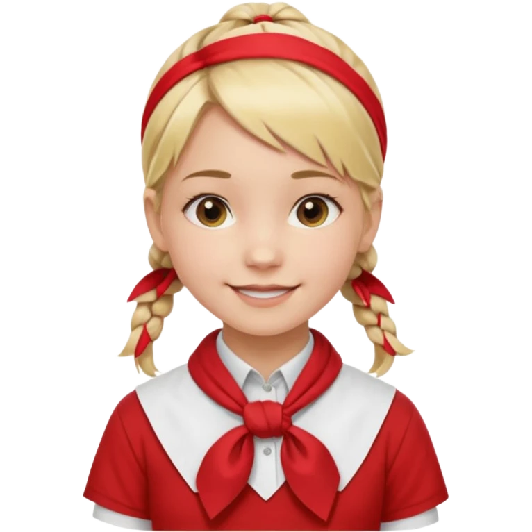 A Soviet pioneer girl emoji — smiling young girl with blonde hair tied into two short braids. She wears a white school shirt and a wide bright red pioneer neckerchief tied in a loose triangular knot at the chest (not a necktie). No suspenders, no jacket, no hat. Без красных повязок на голове emoji