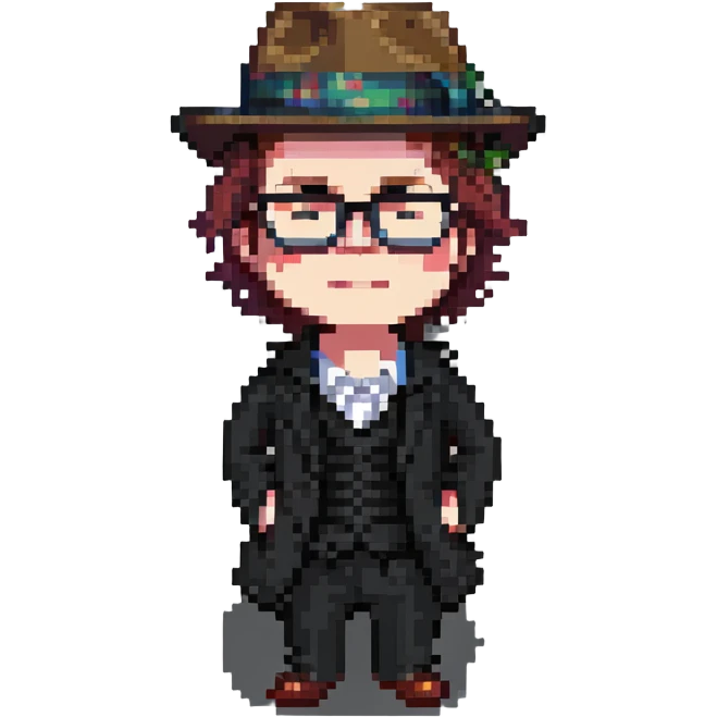 Patrick Stump from Fall Out Boy, pixel art style, wearing a fedora and glasses, singing emoji