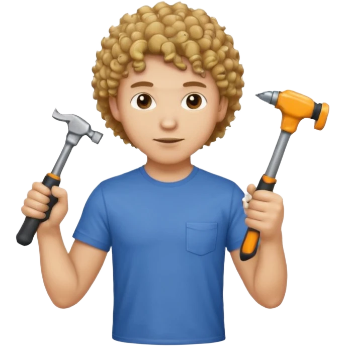 a guy who looks very handsome, has curly hair,  wears a tee shirt and holds a screwdriver in one hand and a  hammer in the other emoji