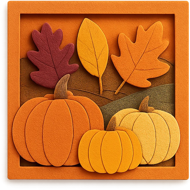 fall season scene in a square with layered leaves and pumpkins emoji