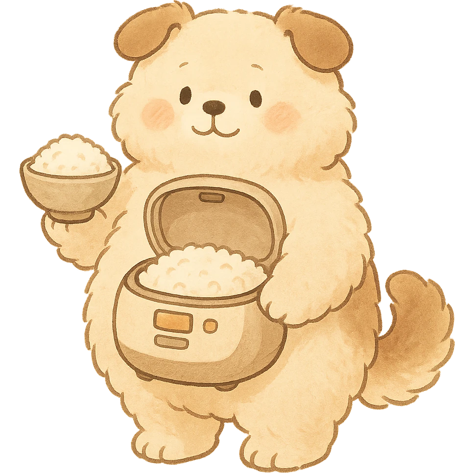 soft, fluffy dog with a round belly as a rice cooker, holding a rice bowl, cream and brown pastel colors, full-body emoji