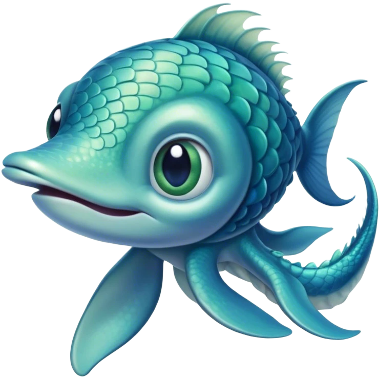 "A young sea creature with smooth, blue-green scales covering his body, large expressive eyes filled with curiosity, and small fin-like ears. His hair transforms into sleek, fin-like tendrils, and his limbs have subtle webbing between the fingers and toes. Still human form emoji
