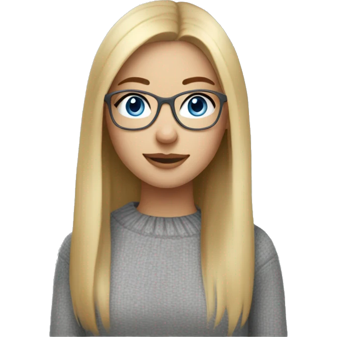 girl with blond long straight hair, ,blue eyes, mini nose and cute glasses in grey sweater emoji