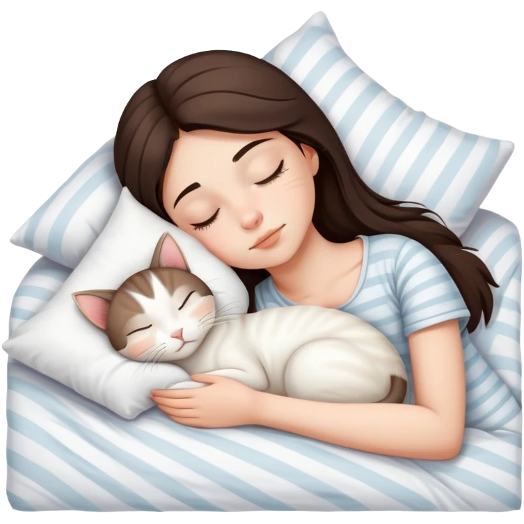 side view brunette teenage girl sleeping with white cat that has beige stripes on a white pillow with white sheets emoji