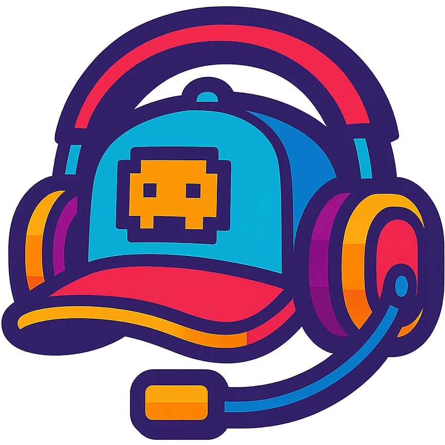 stylized cap with headphones pixel art details merging rapper and gamer aesthetics fun colorful style streaming community badge emoji