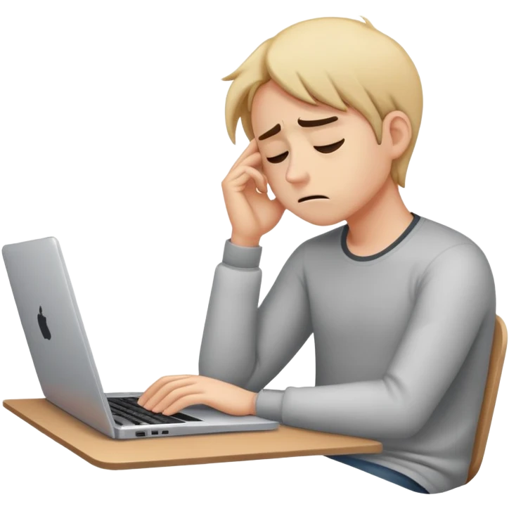 Create an emoji of a tired person sitting at a laptop, looking exhausted and frustrated. They have slouched posture, representing overwork and burnout. emoji