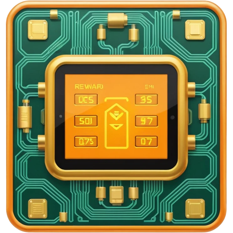 Futuristic reward points icon with PFD text in the middle, circuit board lines, Bloomberg terminal aesthetic, gold orange phosphor glow on dark background, no text, fintech style, clean edges, professional icon design emoji
