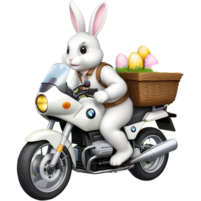 Easter bunny riding a BMW boxer motorcycle with trees and grass in the background, colorful Easter eggs hidden in the grass, and more bunnies watching from the side of the road emoji