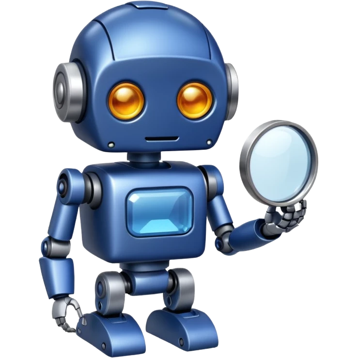 A little robot with a looking glass in indigo-500 emoji