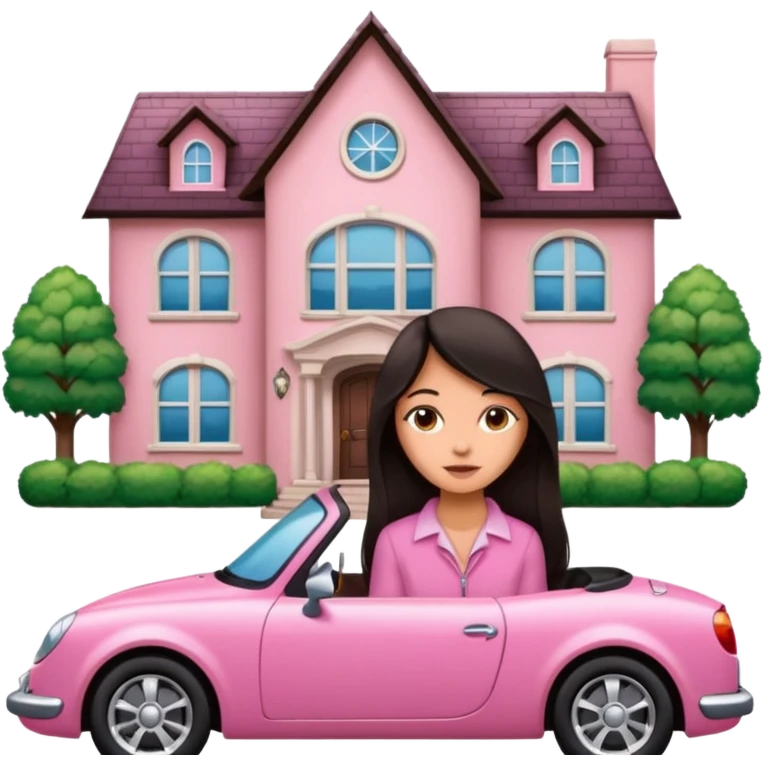 Девушка с тёмными длинными волосами и смуглой кожей сидит в красивой розовой машине на фоне большого дома emoji
