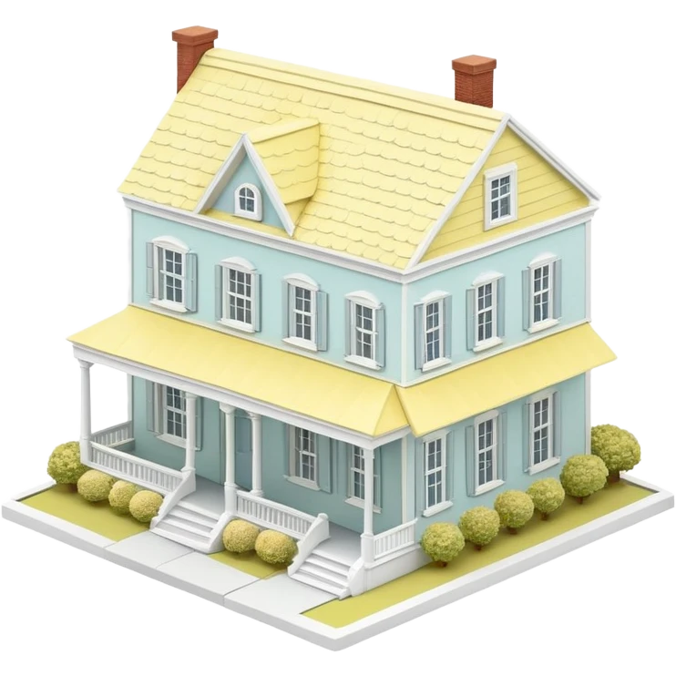charleston pastel row home dollhouse, 3d isometric, pastel yellow and white, realistic emoji