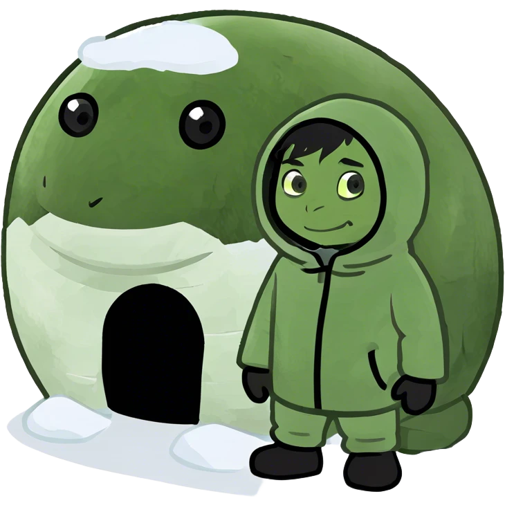 White guy with black hair in Eskimo suit next to igloo emoji