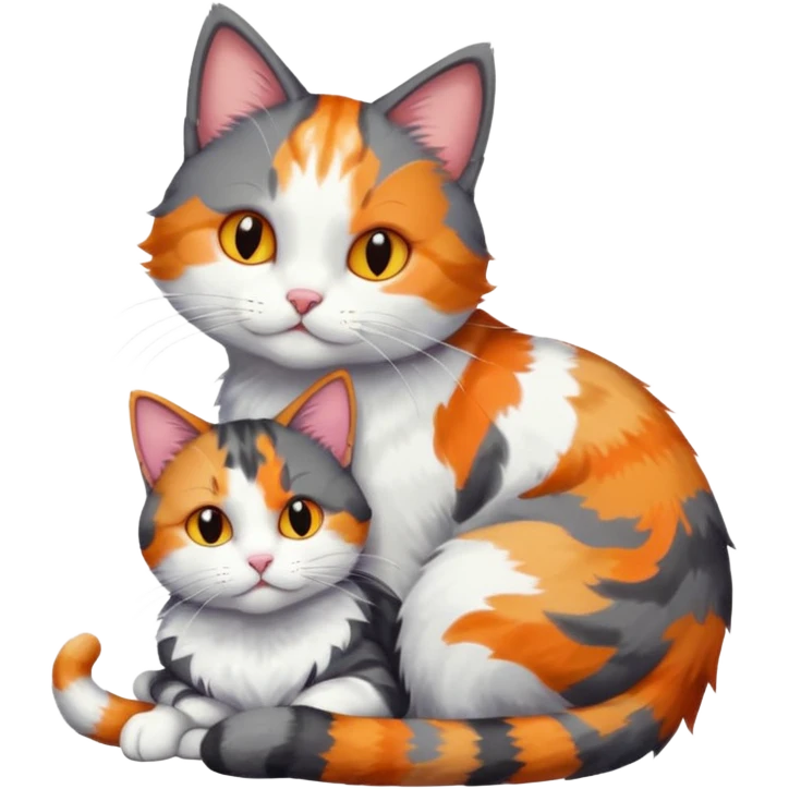 full body large dark grey and white cat cuddling a colourful light patched calico + white tabby cat  emoji