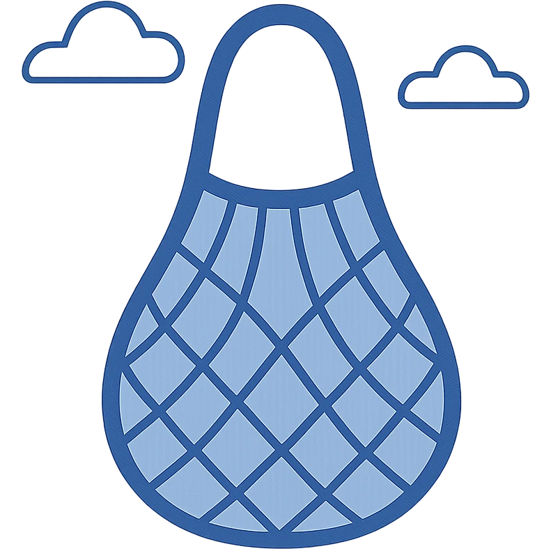 flat blue mesh tote bag emoji icon, minimal details, soft blue color, small handle, light and airy summer net bag, easily recognizable emoji