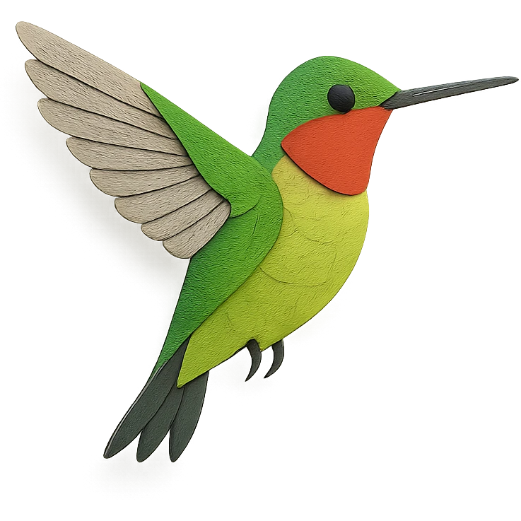 ruby-throated hummingbird, layered paper details, vivid green and red plumage, wings in motion, delicate pose emoji