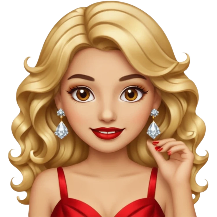“Emoji girl, glamorous smile, shimmering gold eyeshadow, bold red lips, voluminous waves, dramatic lashes, wearing diamond earrings and gold gown.” emoji