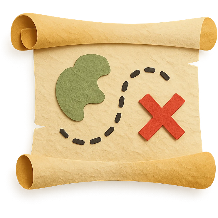 rolled treasure map with an X mark, dotted path, and island details, layered paper effect emoji
