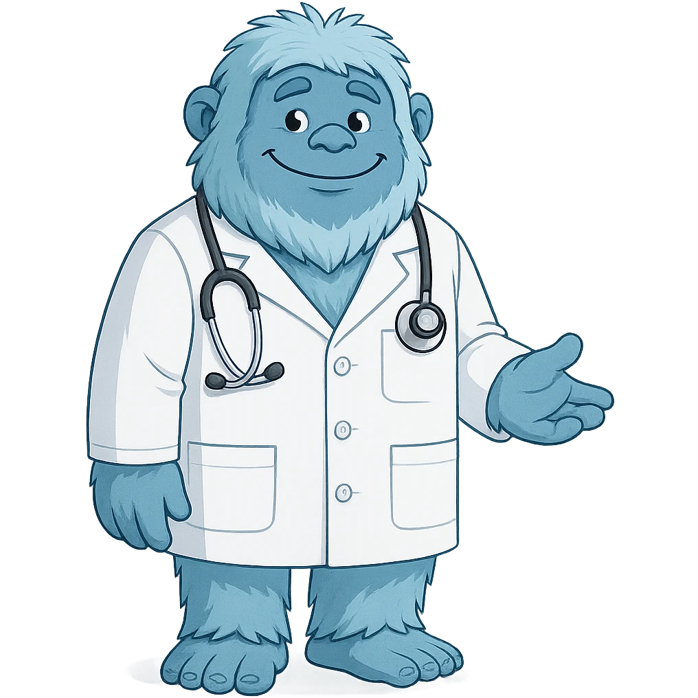 blue friendly yeti wearing a doctor's white coat, full body, approachable expression, medical theme emoji