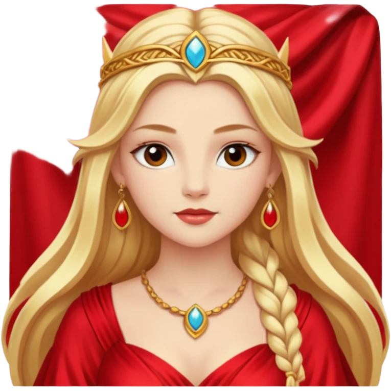 Freya, Goddess of Love from Gods and Goddesses with long golden blonde hair, red outfit emoji