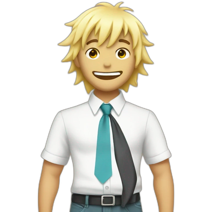 Denji with his blond hair in a shaggy style, brown eyes, with his shark teeth, is smiling evil and with a shirt with a tie from chainsawman emoji