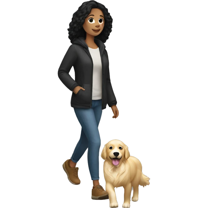White woman with a black hair walking a golden retriever emoji