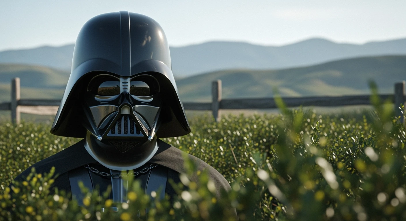 A portrait of a Darth vader in the foreground, blurred plants in the foreground (close to the camera), a wooden fence in the midground, rolling hills in the background, cinematic depth of field, layered composition, natural lighting emoji