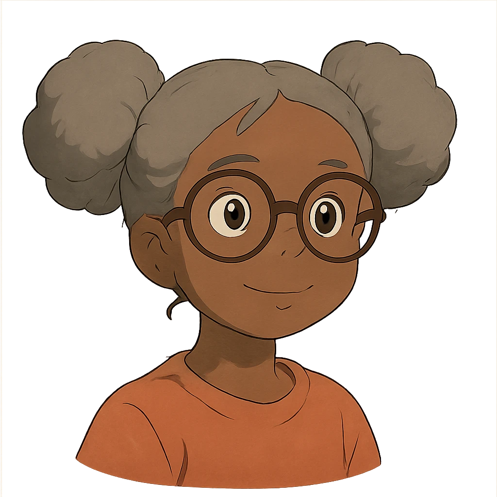 african american girl head with oversize glasses and gray hair in bunches, ghibli style emoji