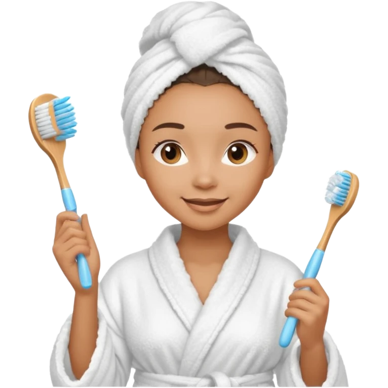lightskin Women wearing shower robe and their hair with towel holding one brush emoji