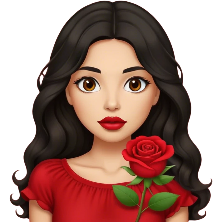 Big lips Olive brown eyed women with black long wavy hair rose background red top emoji