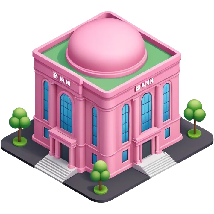 isometric style large pink building or bank with tall rectangular windows and round groundplan, emoji style, focus on entrance emoji