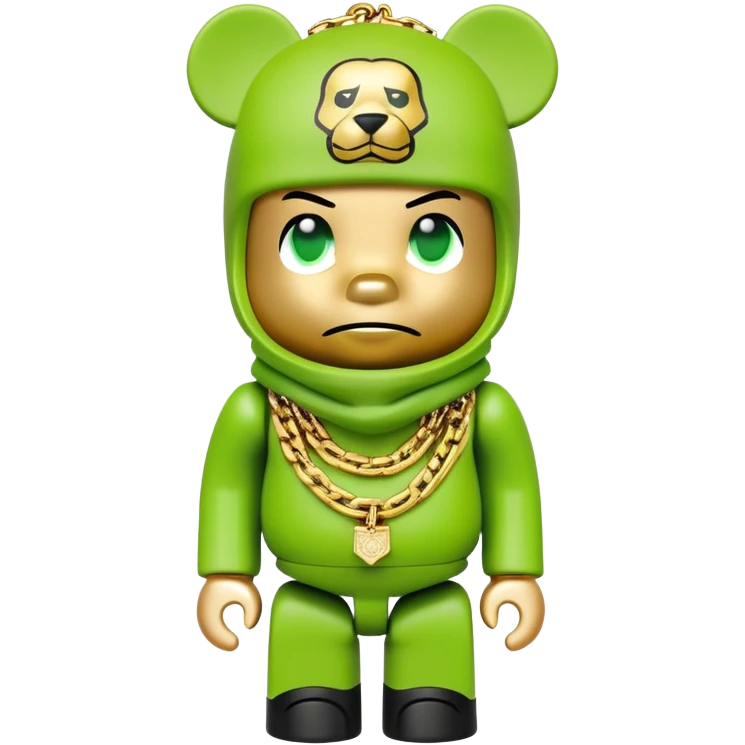 bearbrick toy with cubic head wearing a lime green balaclava covered in multiple brand logos graffiti style, with thick gold chains around neck, gold jewelry, aggressive eyebrows emoji