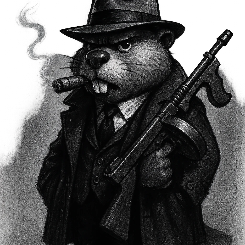 gritty noir-style cartoon of a beaver gangster from the 1920s, in a black suit, trench coat, white shirt, black tie, fedora, smoking a cigar, holding a Tommy gun, standing with confidence, dramatic lighting, realistic cartoon, transparent or simple background emoji