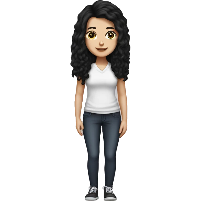 a white girl with black hair with 2 foot in front emoji