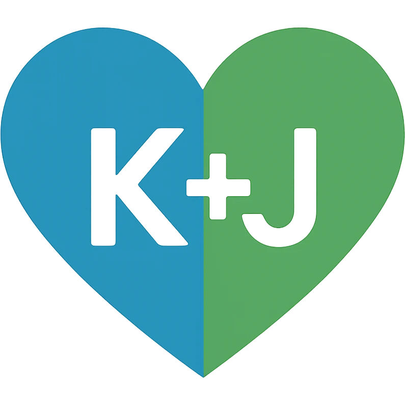 modern style blue and green heart with the letters K+J in the center, transparent background emoji